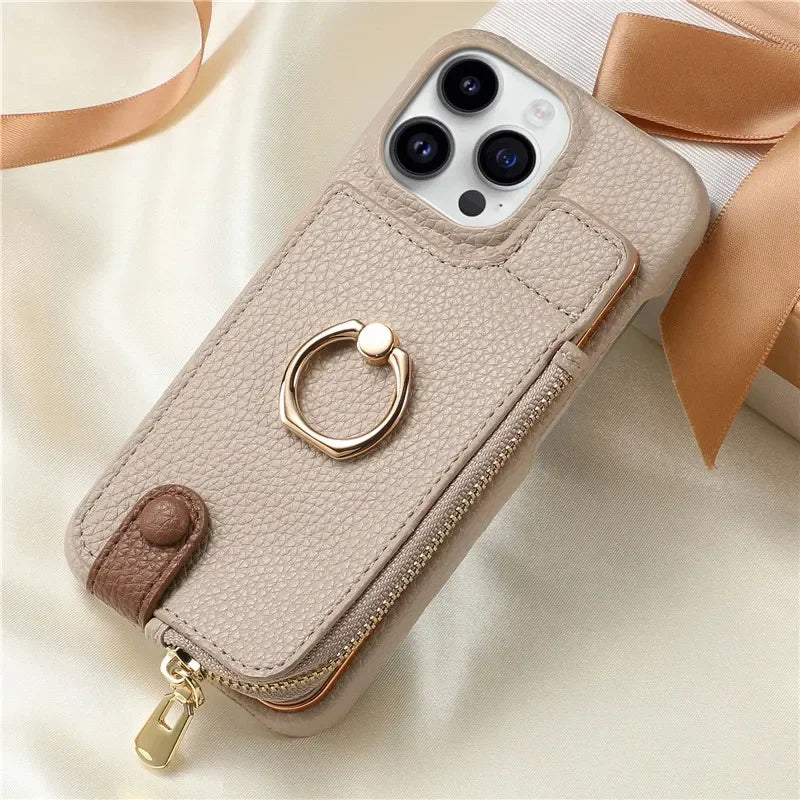 Luxury Leather Zipper Wallet Phone Case – Card Holder, Ring Kickstand, Shockproof Cover for iPhone Models