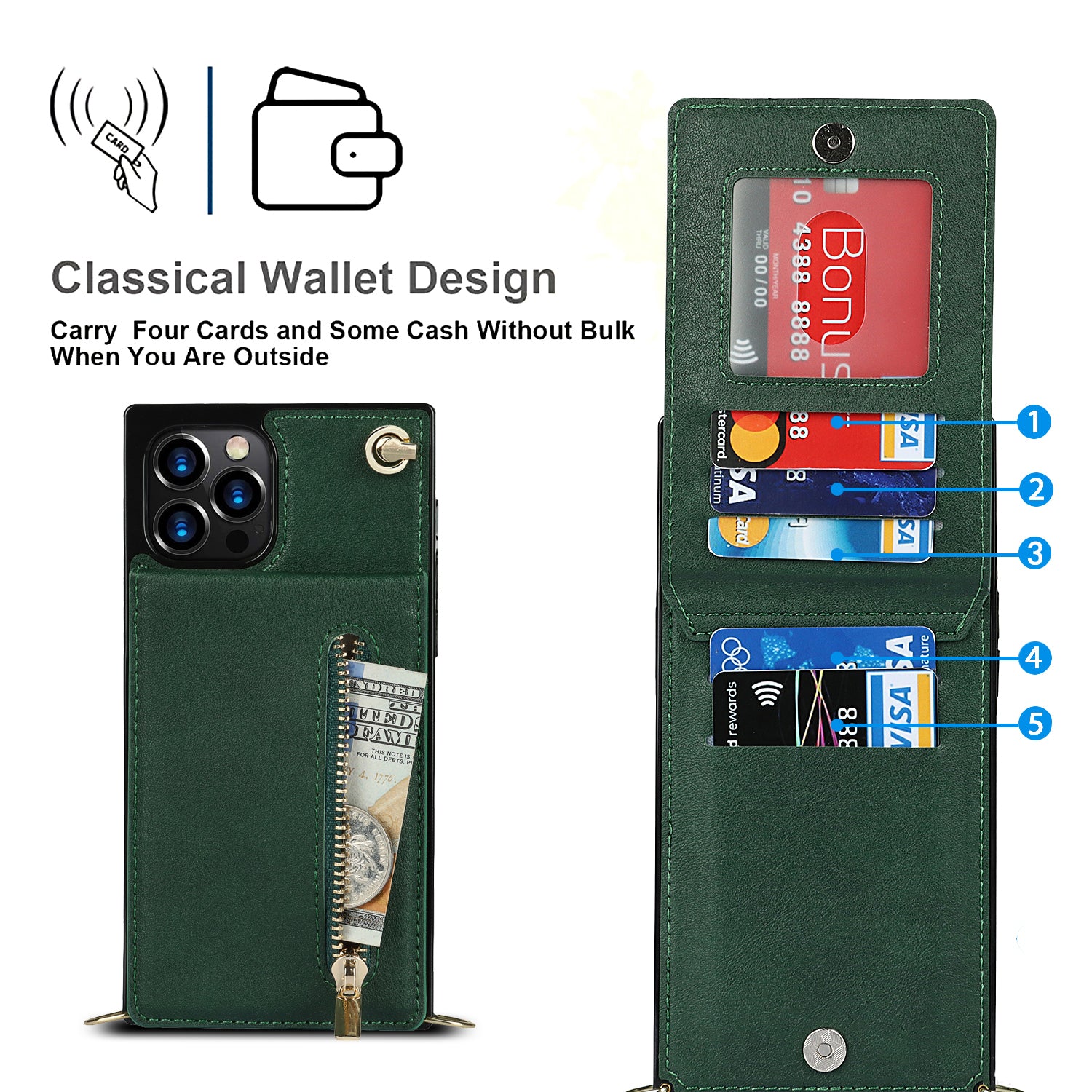 Luxury Zipper Wallet Crossbody Leather Case – Card Holder, Lanyard Strap, Shockproof Protection, Magnetic Closure, Stylish Flip Cover for iPhone