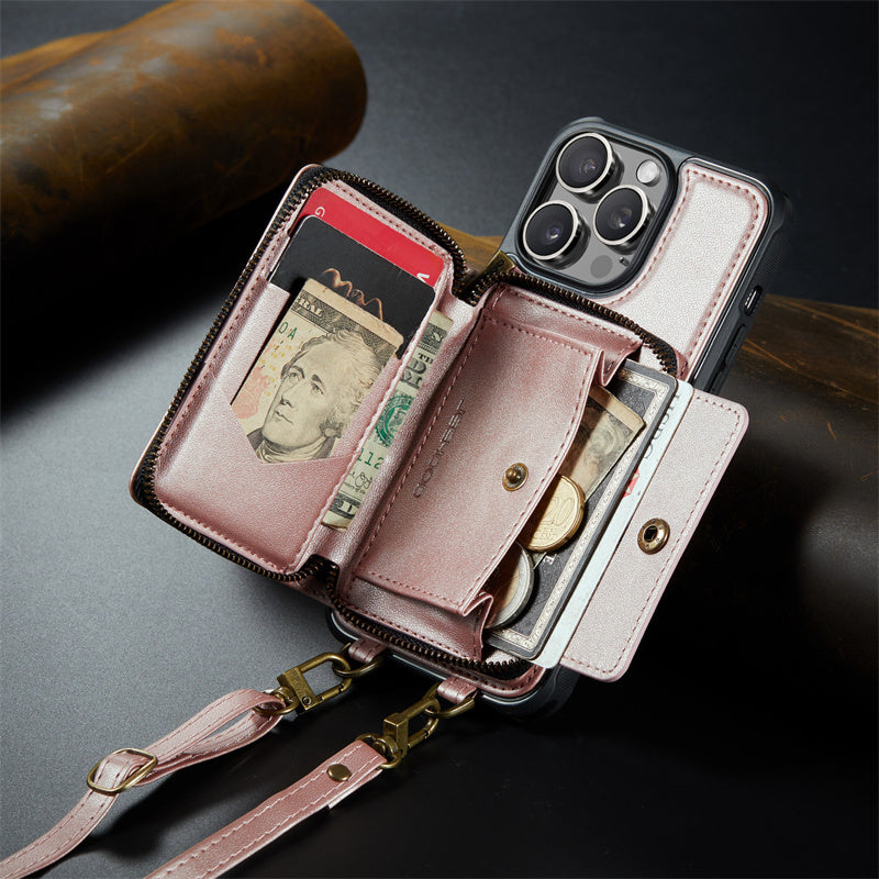 Luxury Leather Wallet Crossbody Phone Case – Card Slot Holder, Stand Function, Hand Lanyard Strap, Shockproof Protection for iPhone