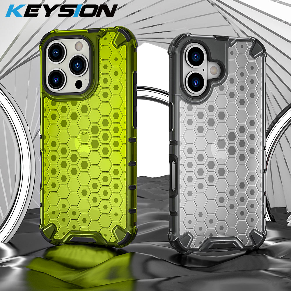 KEYSION Shockproof Armor Case – Soft Silicone + PC Transparent Honeycomb Back Cover for iPhone Models, Durable and Protective Design