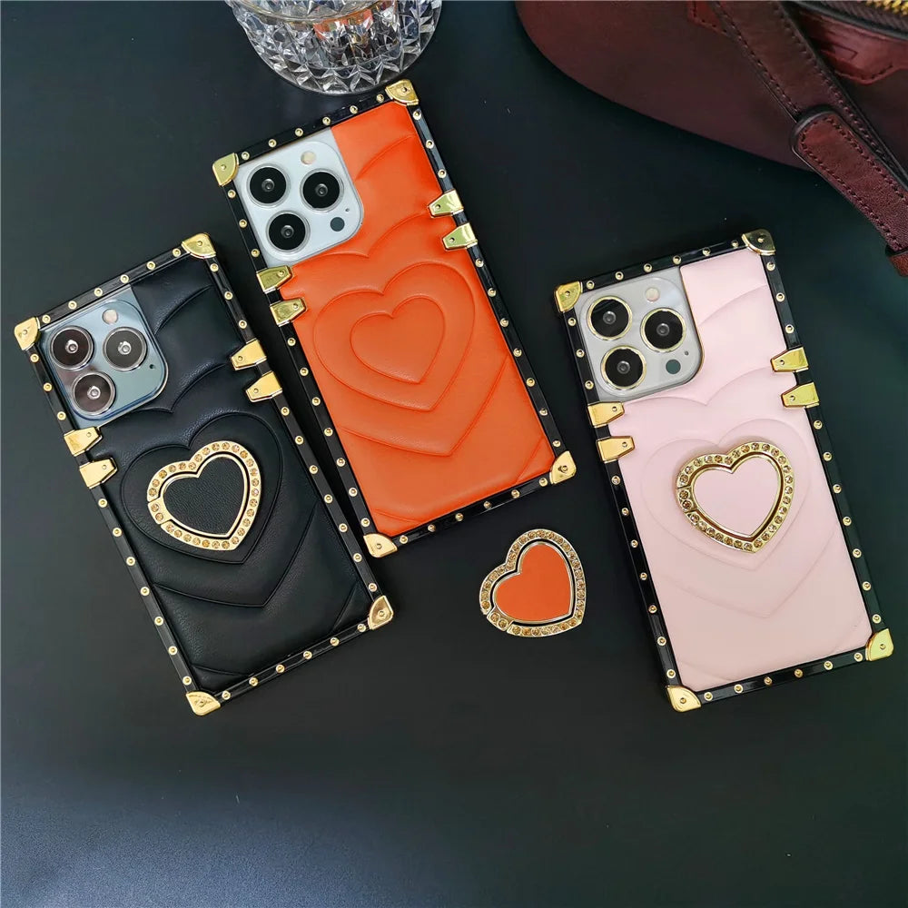 Luxury 3D Love Heart Soft PU Leather Case Shockproof Phone Cover for iPhone 15, 13 Pro Max, 12, 11 Pro, 14 Pro Max XR, XS Max