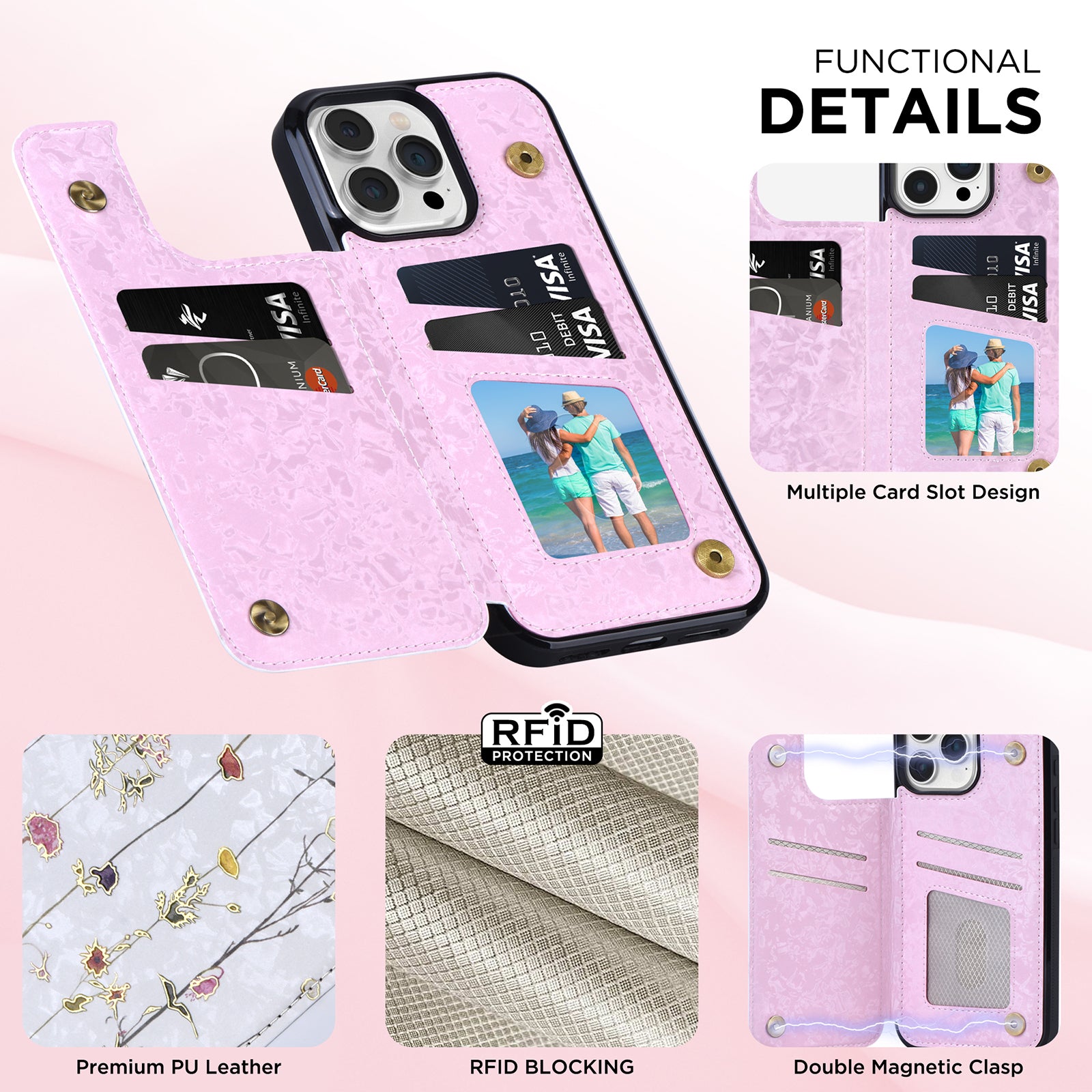 Hot Stamped Floral Wallet Case – Card Slots, Flip Cover, Magnetic Closure, Elegant Leather Design, Shockproof Protection for iPhone