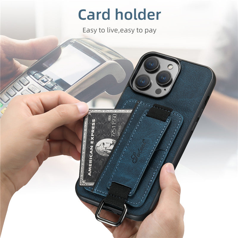 Luxury Leather Card Holder iPhone Case – Wrist Ring, Wallet Design, Shockproof Protection, Premium PU Leather, Magnetic