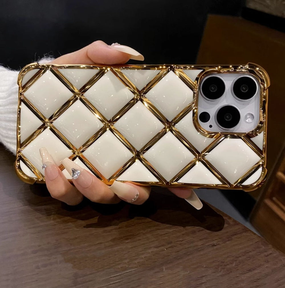 Luxury Plating Diamond Lattice Grid Shockproof Phone Case Gold Plated Cover for iPhone Models, Elegant & Durable Protection