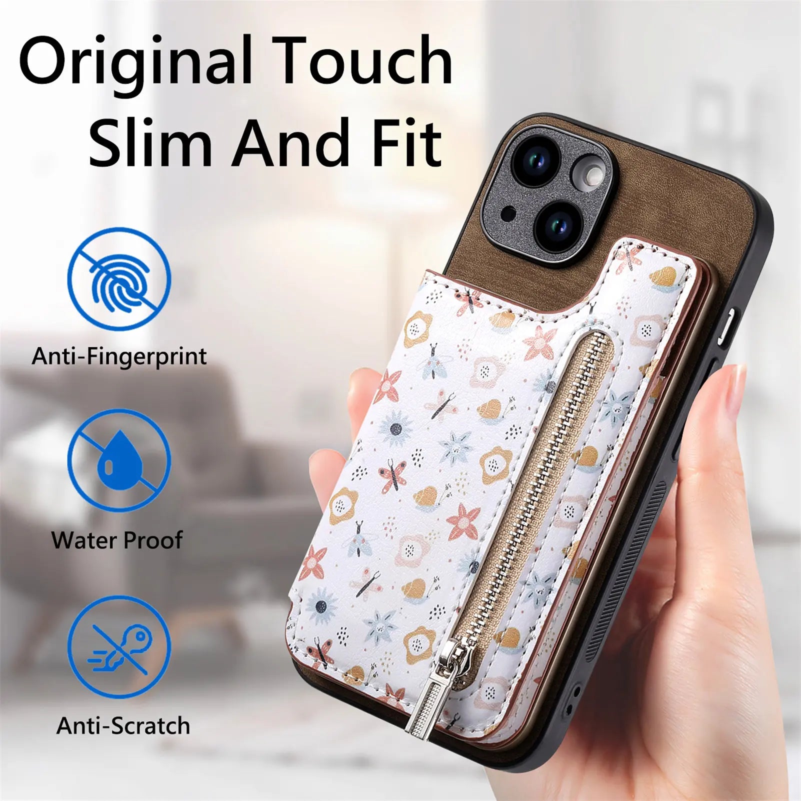 Zipper Card Slot Wallet Case – Magnetic Closure, Purse Pocket, Floral Design, Shockproof Protective Cover for iPhone