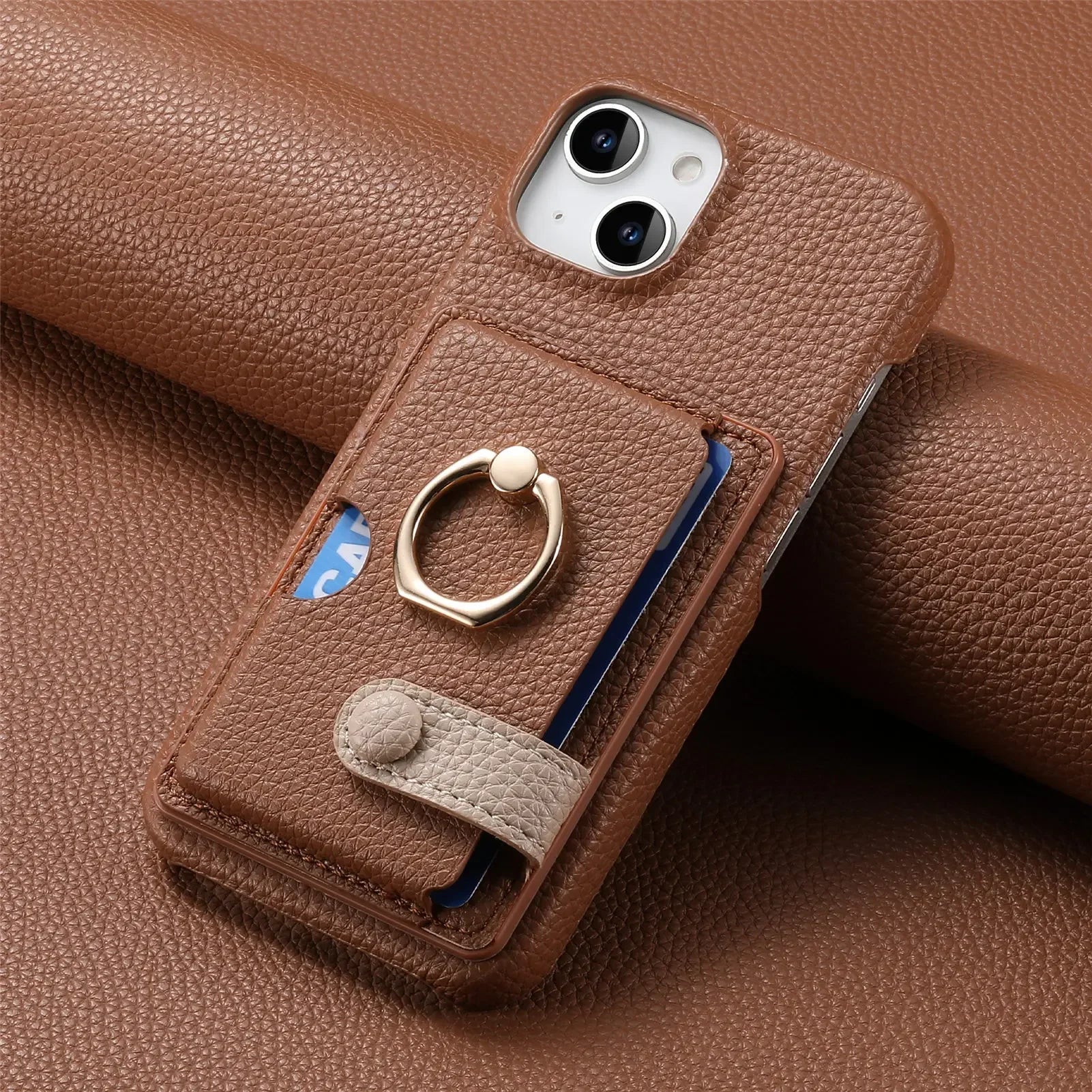 Premium Leather Ring Stand Wallet iPhone Case – Shockproof Phone Cover with Card Holder, Magnetic Closure, and Kickstand Support for Hands-Free Convenience