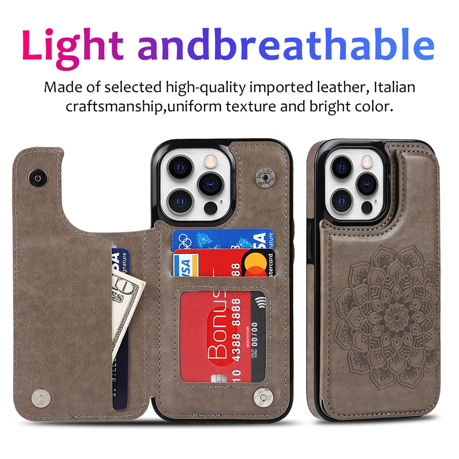 Luxury Wallet Datura Double Buckle Leather Case for iPhone – Magnetic Flip with Card Slot, Protective Cover for iPhone 16 Pro Max, 15 Plus, 14, 13, 12, 11, SE 2, X, XS, XR