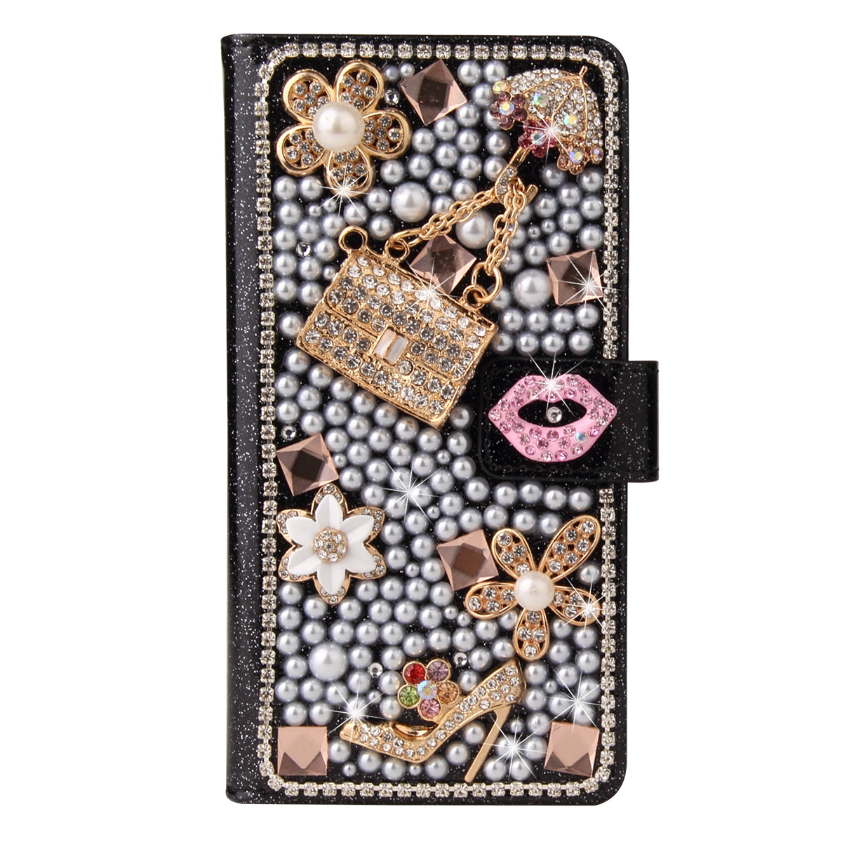 Luxury Bling Diamond Lipstick Wallet iPhone Case Flip Leather Cover with Card Slots, Rhinestone Design, Shockproof Protection