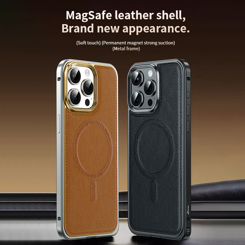 Luxury Leather MagSafe Phone Case Aluminum Alloy Frame with Leather Backplate Shockproof and Stylish Design for iPhone Models