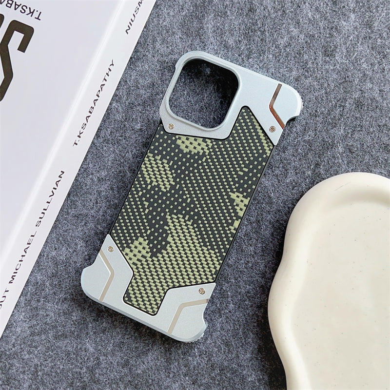 Camouflage Metal Armor Case Frameless Real Carbon Fiber Cover with Built-In Magnet for iPhone Models, Durable and  Protection