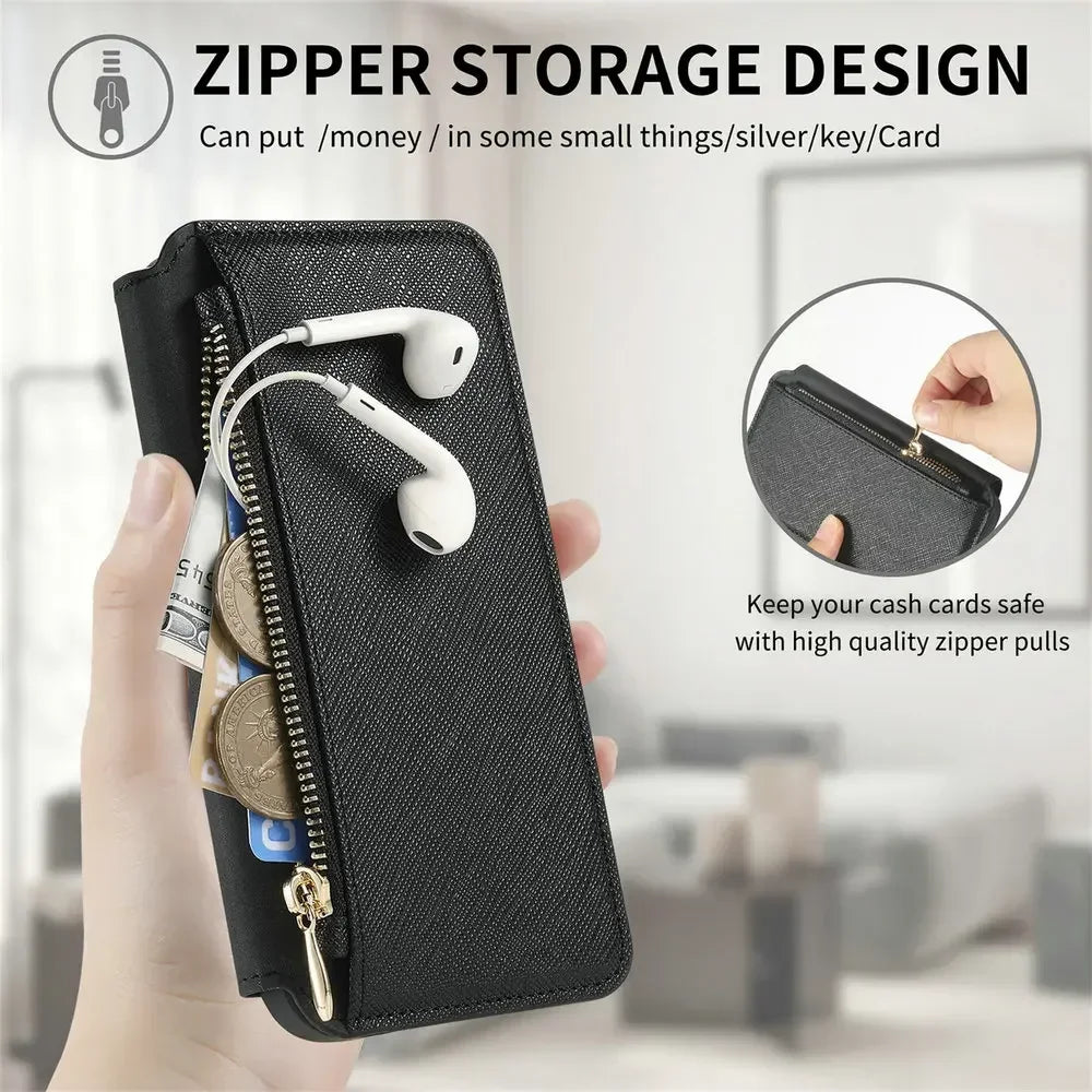 Premium 2-in-1 Magnetic Wallet iPhone Case – Zipper Leather Bag, Card Slot, Wireless Charging Compatible, Shockproof Protection for iPhone