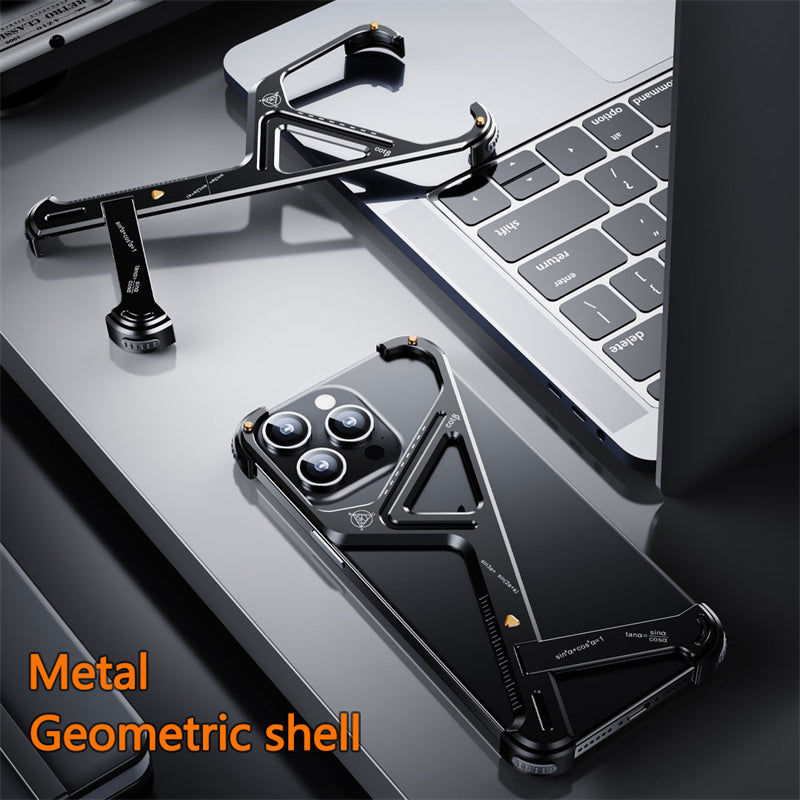 Luxury Geometric Metal Phone Case – Aluminum Alloy Shockproof Cover with Removable Stand for iPhone Models, Stylish and Durable Design