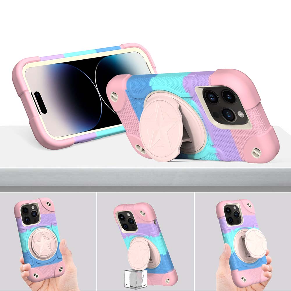 Shield Rotating Ring Rugged Stand Case – Five-Pointed Star Design, Macaron Color Bumper Cover, Durable Protection for iPhone Models