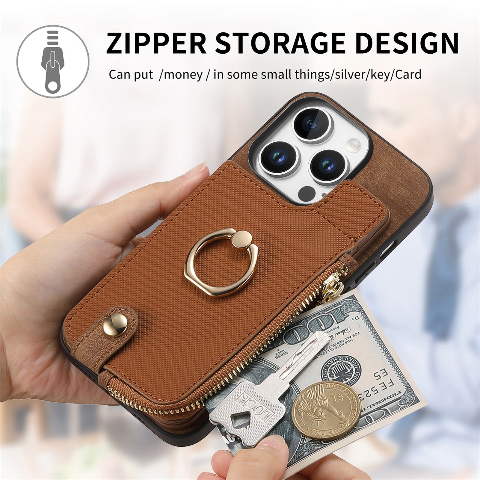 Luxury Zipper Wallet Leather Phone Case – Card Holder, Ring Kickstand, Shockproof Protection, and Stylish Crossbody Design for Secure & Convenient Use