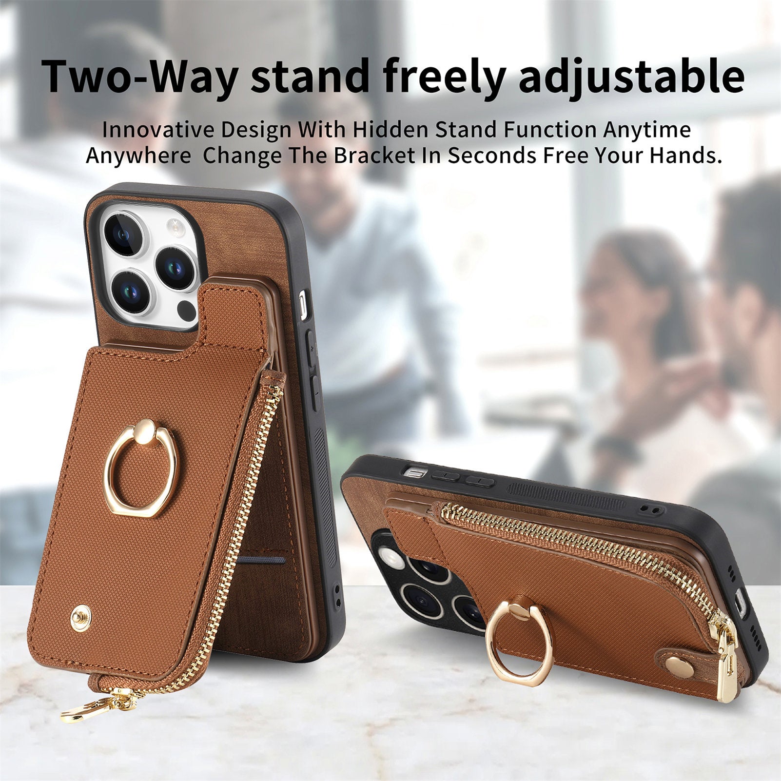 Luxury Zipper Wallet Leather Phone Case – Card Holder, Ring Kickstand, Shockproof Protection, and Stylish Crossbody Design for Secure & Convenient Use