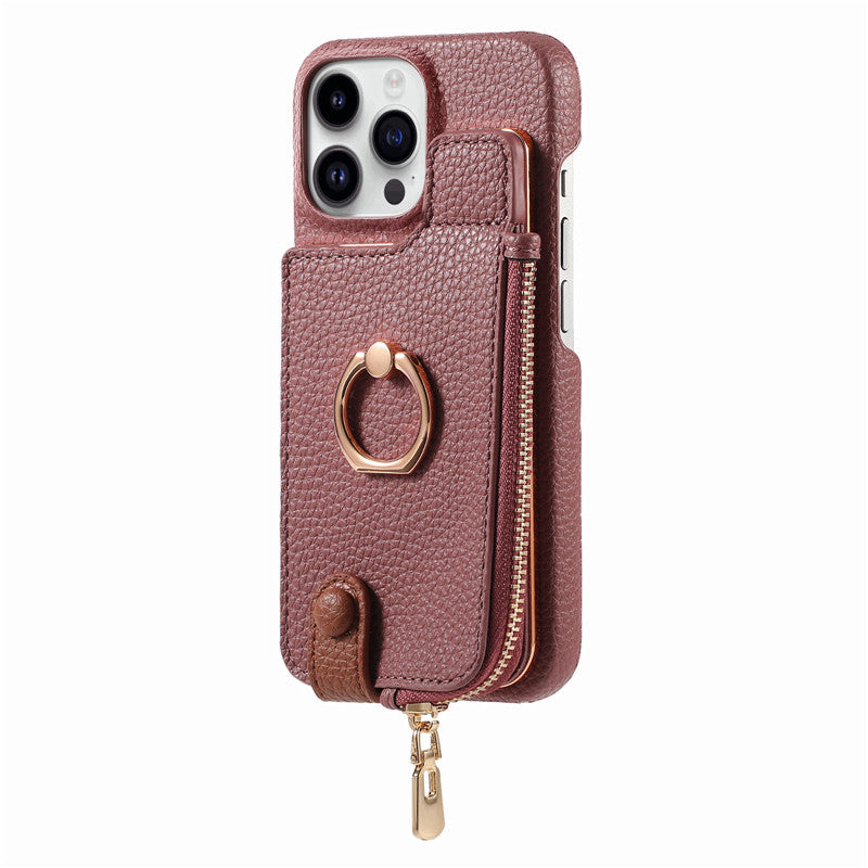 Luxury Leather Zipper Wallet Phone Case – Card Holder, Ring Kickstand, Shockproof Cover for iPhone Models