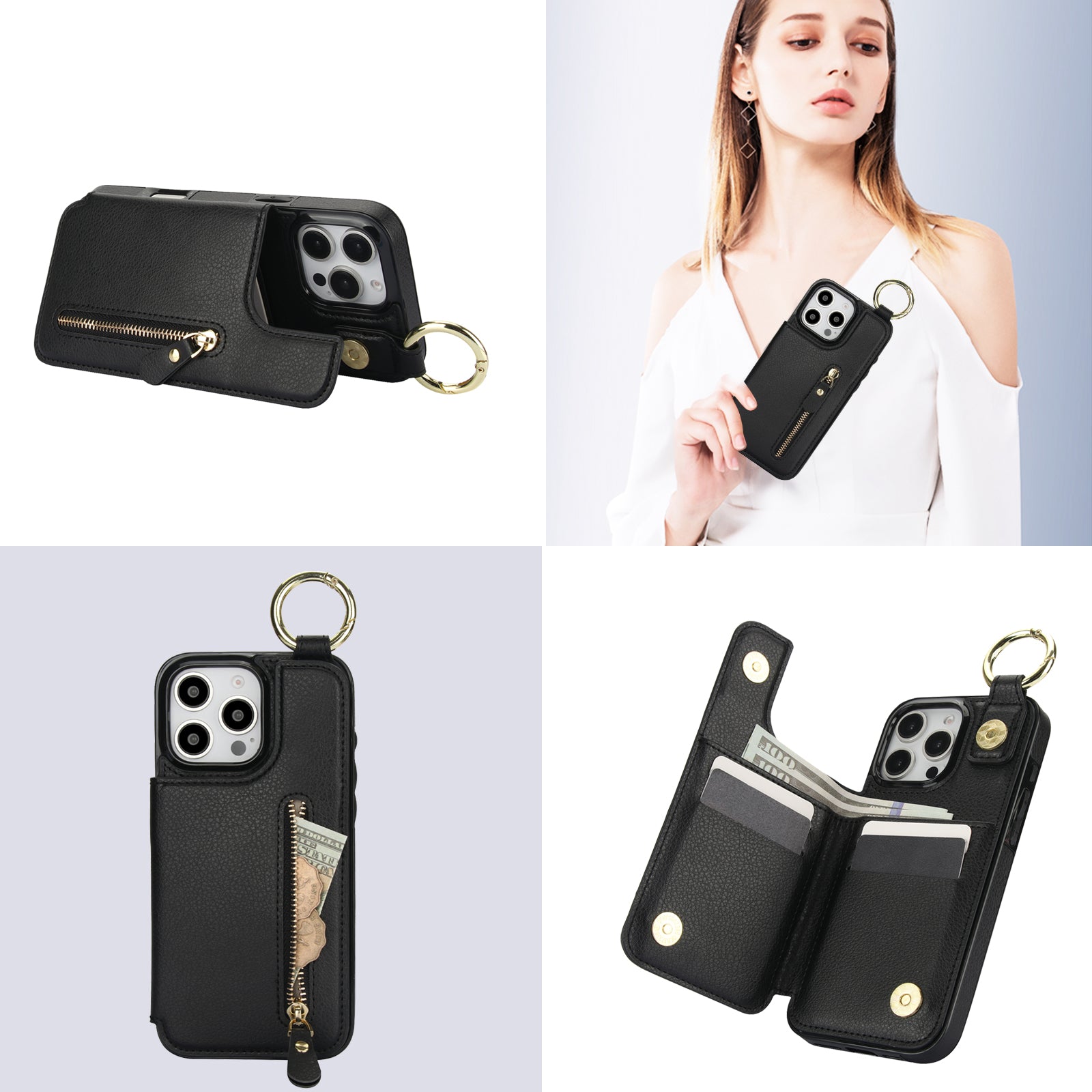 Luxury Zipper Wallet Leather iPhone Case – Card Holder, Ring Stand, Shockproof Protection, and Crossbody Design for Secure & Stylish Convenience