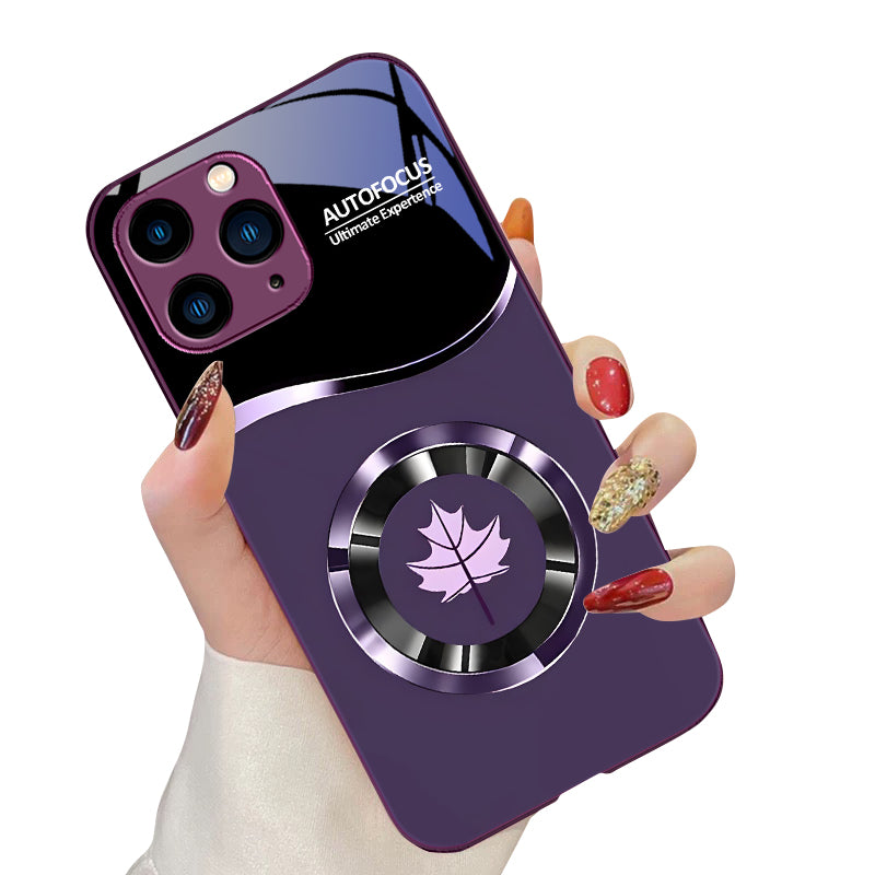 Luxury Circle Maple Leaf Tempered Glass Phone Case – Stunning Rose Purple Design Premium Protection for iPhone Models