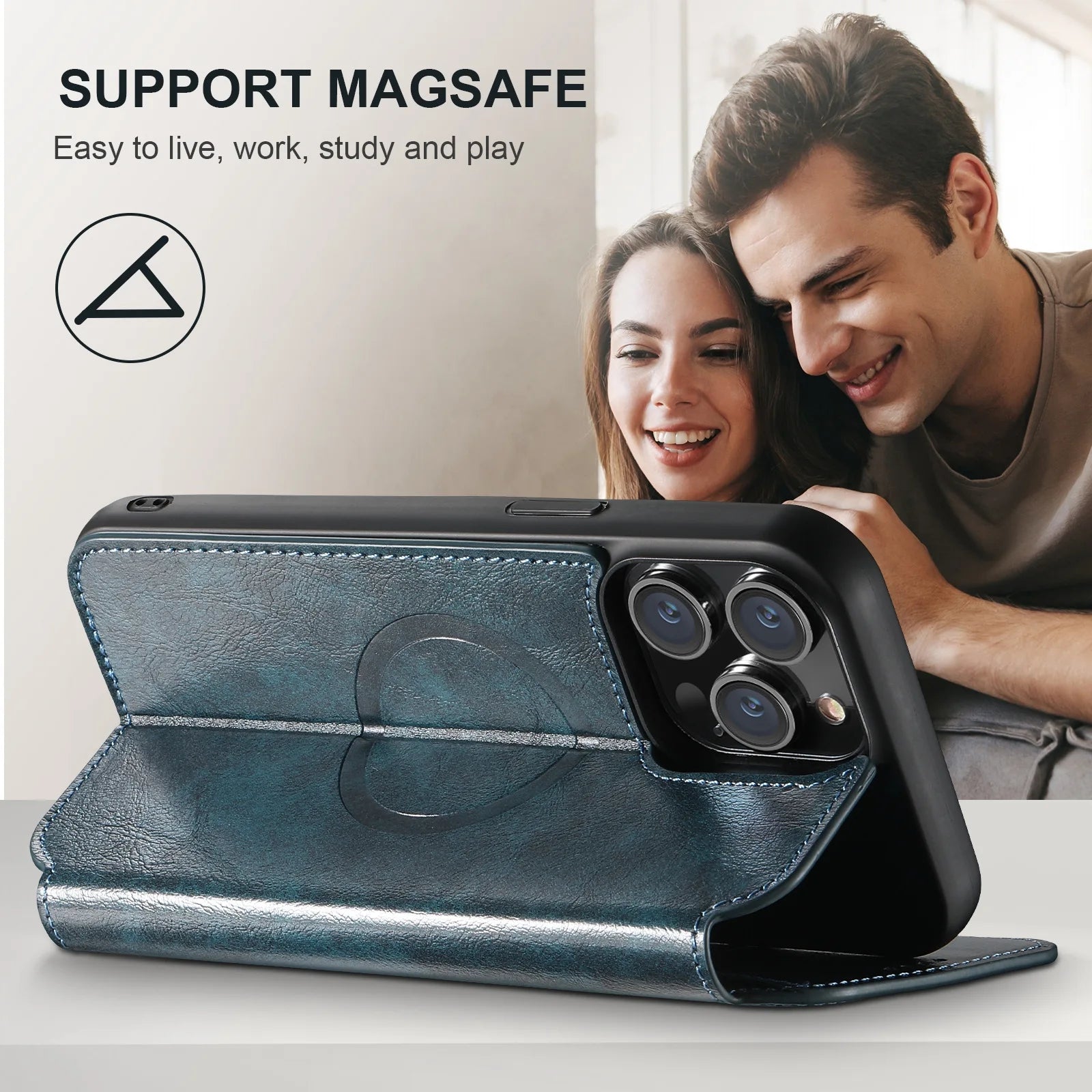 Luxury Leather Magnetic Flip Case – MagSafe Wallet Card Holder, Wireless Charging Compatible, Shockproof Protection, Elegant Design for iPhone Models