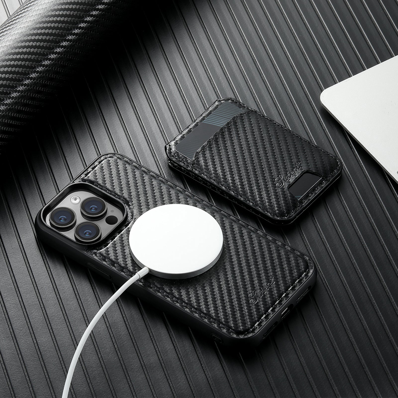 Premium 2-in-1 Carbon Fiber Wallet Case – Magnetic Card Holder, Removable Cover, Shockproof Protection, Sleek Design for iPhone Models