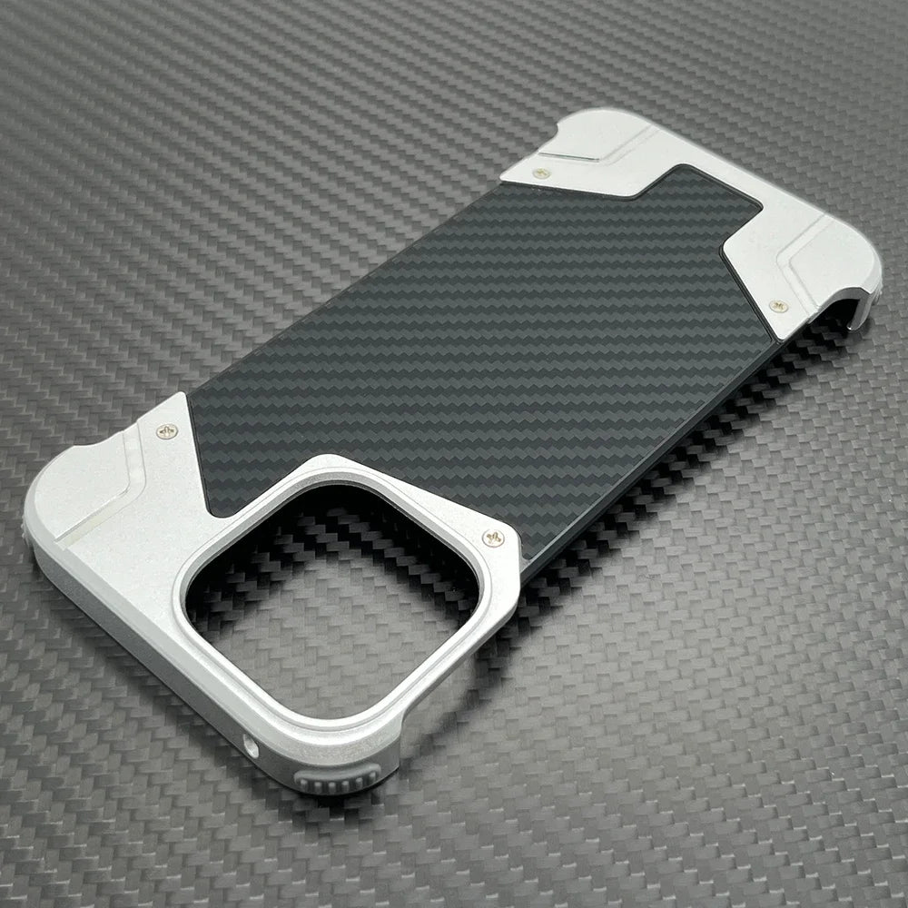 Carbon Fiber Metal Armor Case – Frameless Shockproof Cover with Built-In Invisible Magnetic Design for iPhone Models