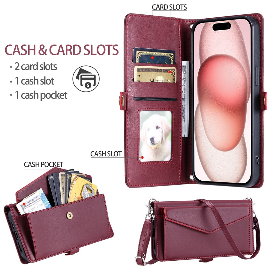 Luxury Dual-Layer Wallet Case – Flip Leather Cover with Card Slots, Photo Frame, 2 Lanyards, Shockproof Protection, and Stand Feature for iPhone