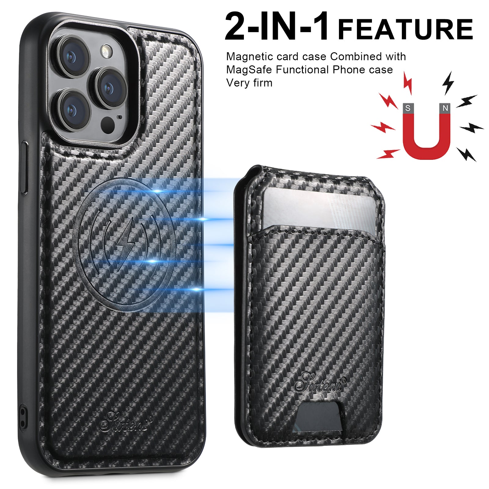 Premium 2-in-1 Carbon Fiber Wallet iPhone Case – Magnetic Card Holder, Removable Cover, Shockproof Protection, Sleek Design for iPhone Models