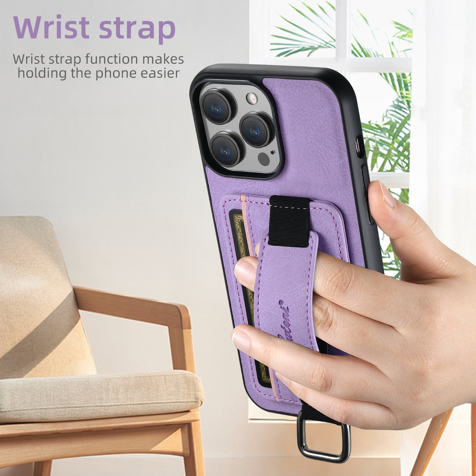 Luxury Lychee Skin Print Wrist Strap Card Holder Phone Case for iPhone - Premium Card Slot, Shockproof Protection,