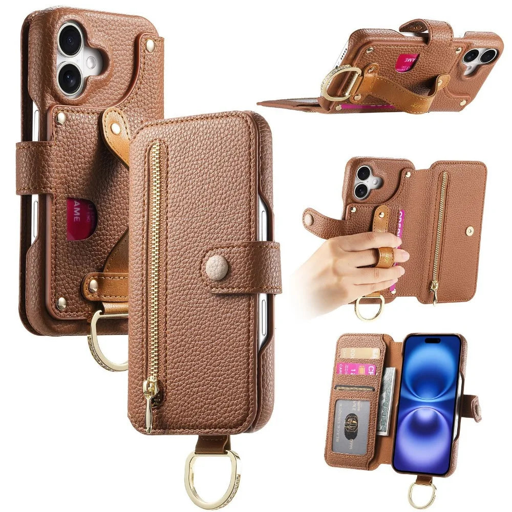 Luxury Wallet Flip Phone Case – Card Slot Holder, Wrist Strap, Ring Kickstand, Shockproof Cover for iPhone Models