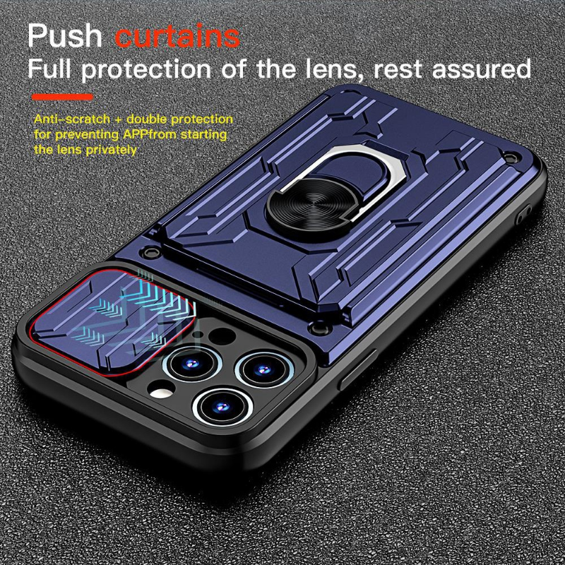 Military Grade Magnetic Case – Slide Camera Cover, Card Slot, 360° Ring Stand for iPhone Models