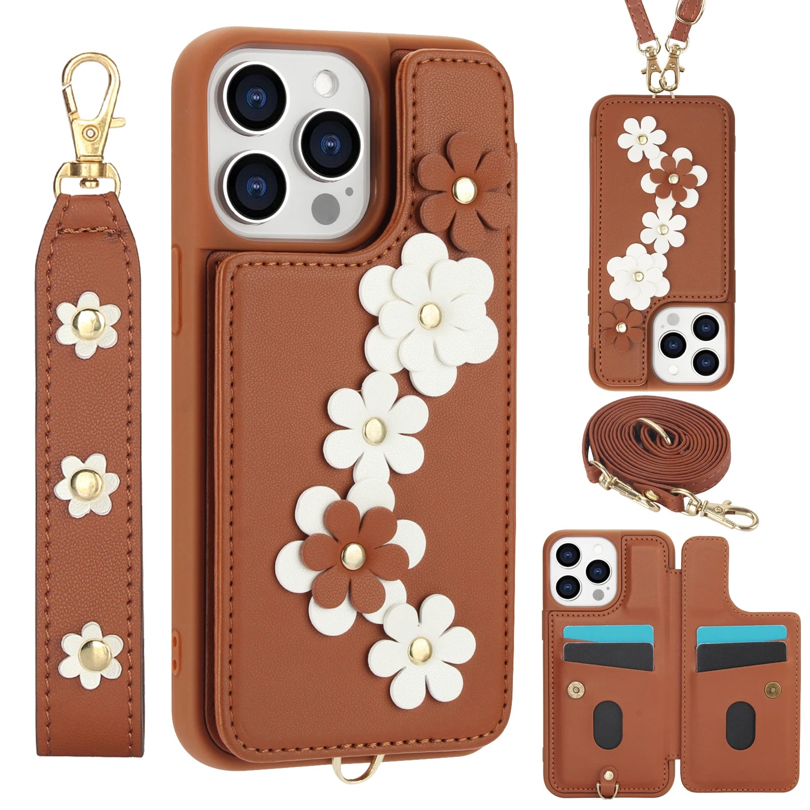 Luxury Crossbody Wallet Leather Phone Case – 3D Flower Design, Card Slot, Wrist Strap, Magnetic Closure, Protective Cover