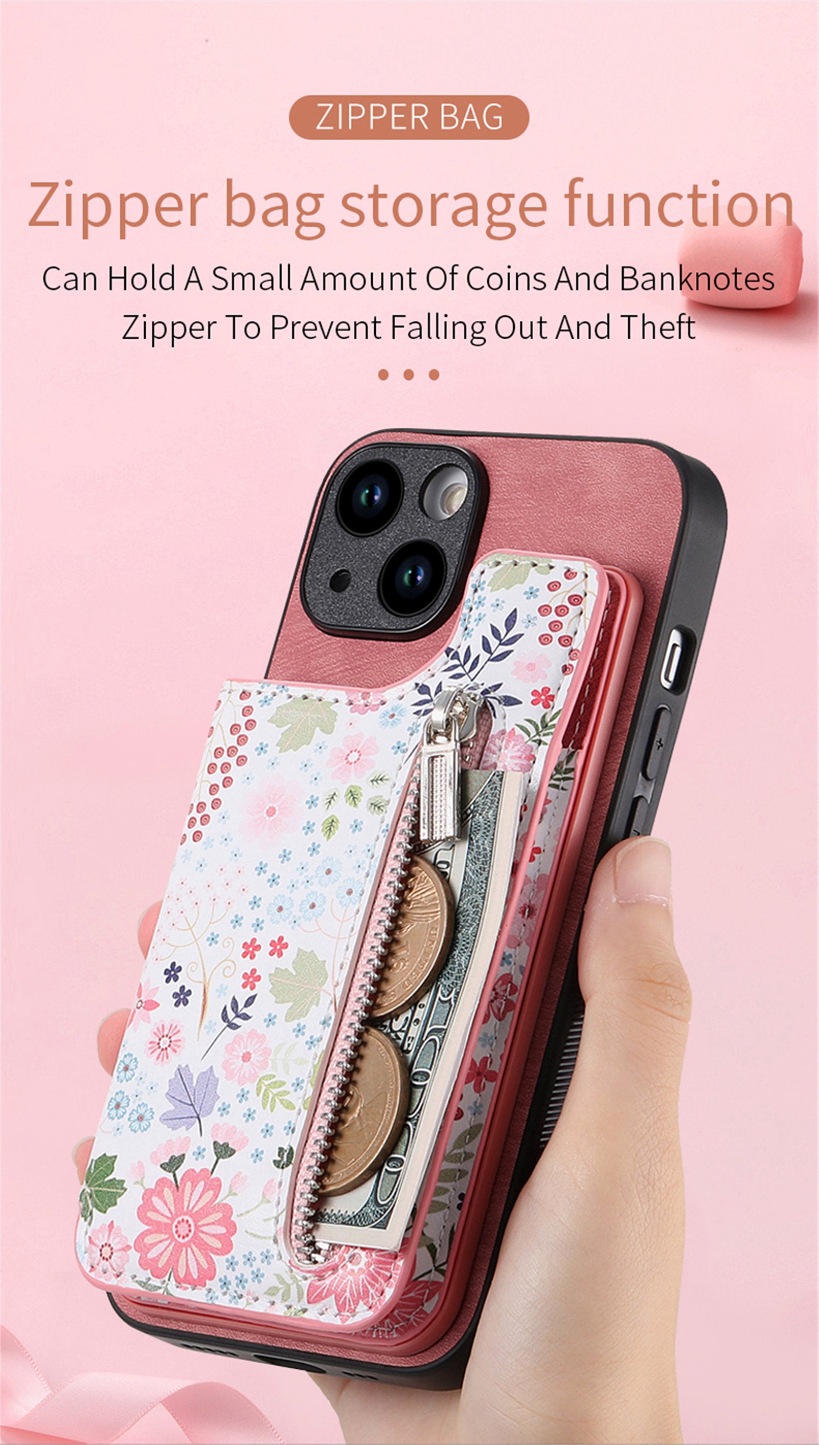 Zipper Card Slot Wallet Case – Magnetic Closure, Purse Pocket, Floral Design, Shockproof Protective Cover for iPhone