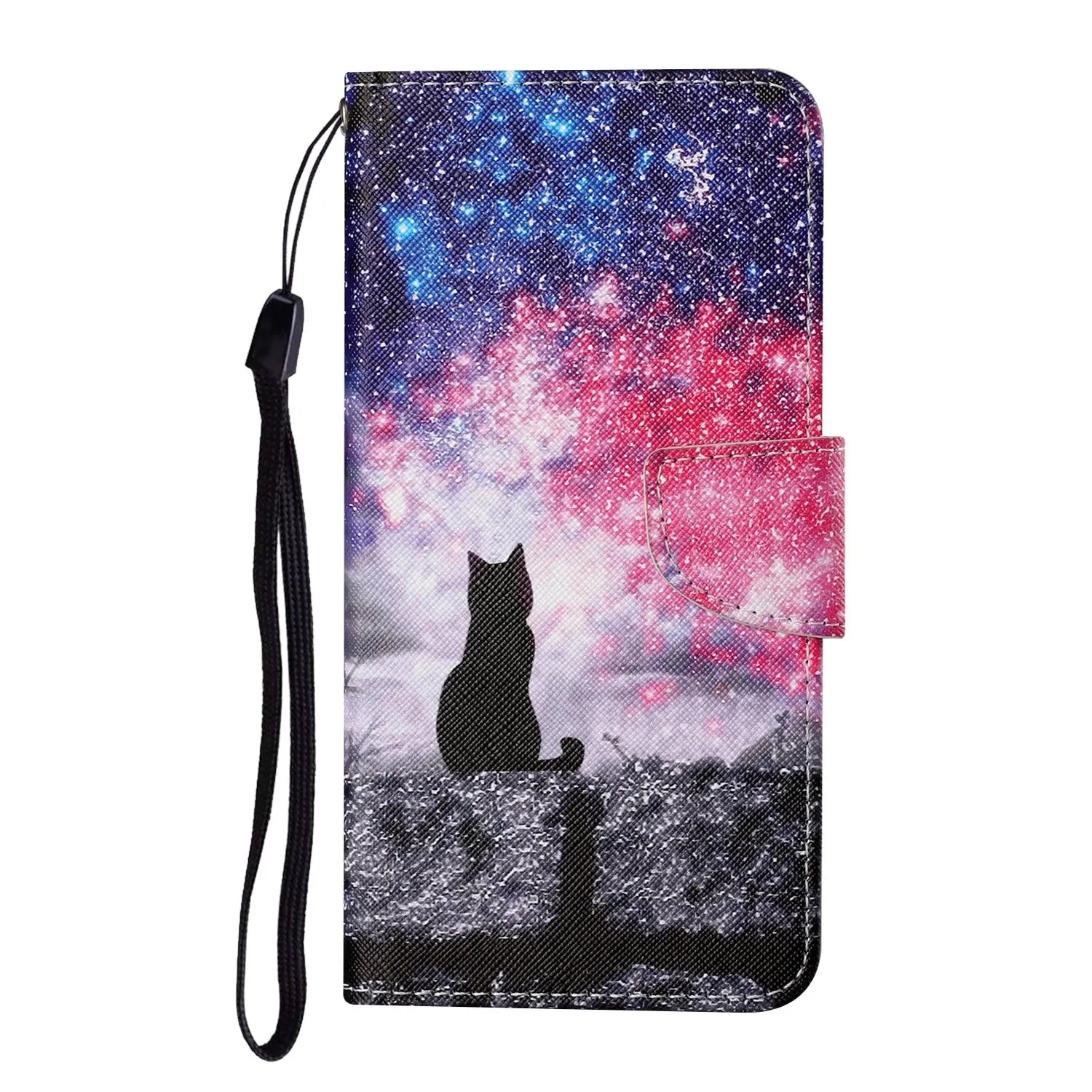 Leather Flip Phone Case for iPhone – Cat & Butterfly Painted Wallet Cover, Card Holder, Kickstand, Shockproof Protective Case