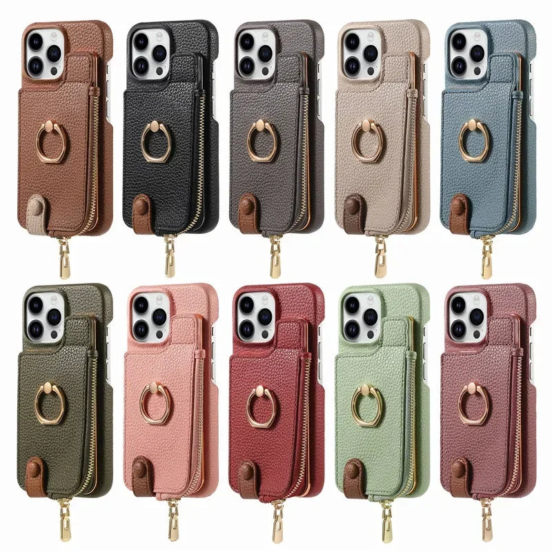 Luxury Leather Zipper Wallet Phone Case – Card Holder, Ring Kickstand, Shockproof Cover for iPhone Models