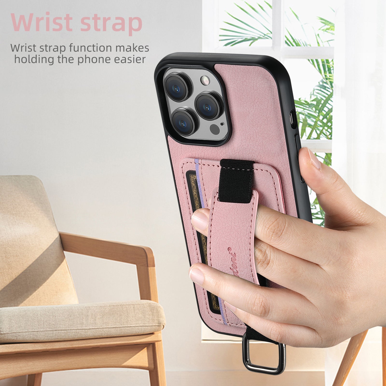 Luxury Lychee Skin Print Wrist Strap Card Holder Phone Case for iPhone - Premium Card Slot, Shockproof Protection,