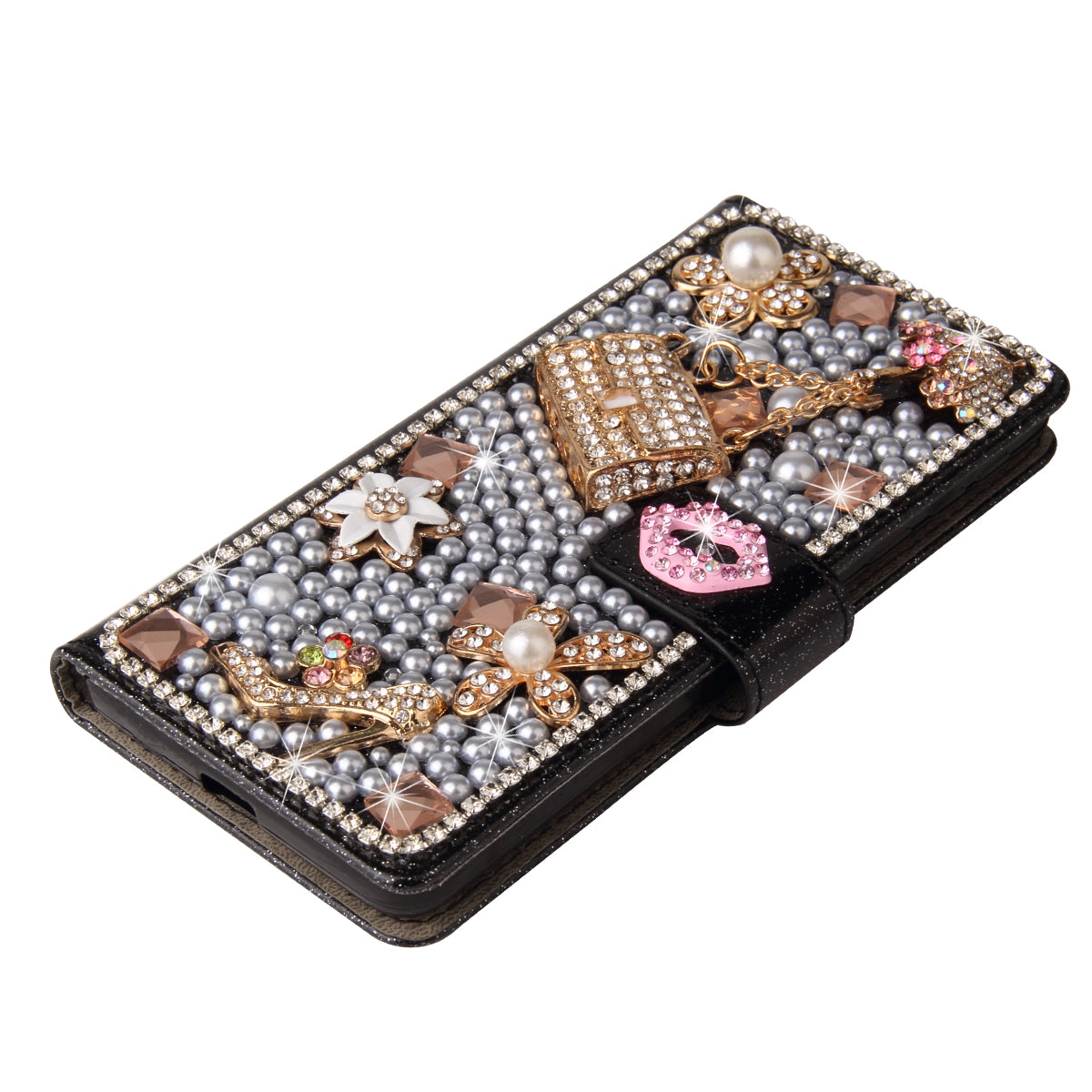 Luxury Bling Diamond Lipstick Wallet iPhone Case Flip Leather Cover with Card Slots, Rhinestone Design, Shockproof Protection