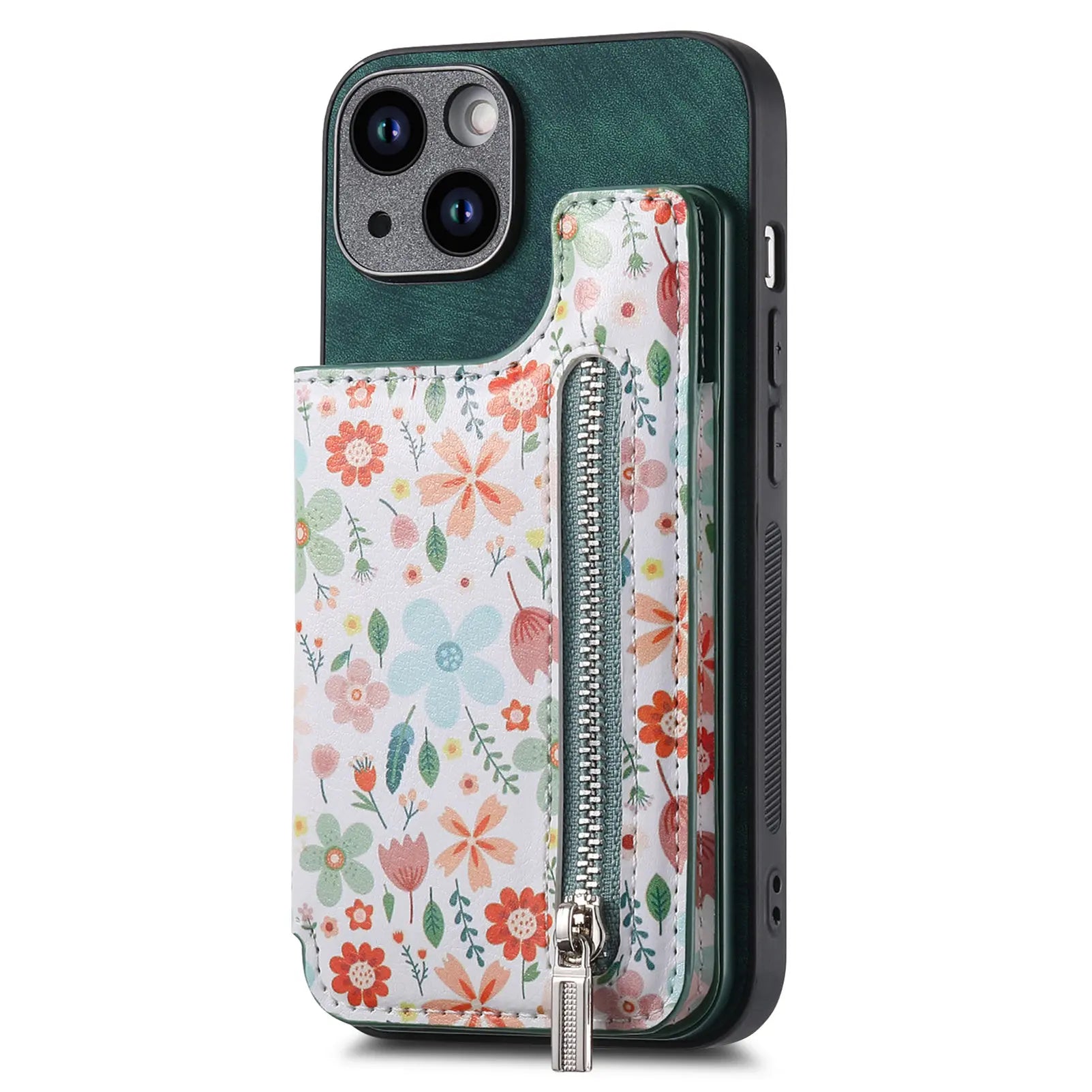 Zipper Card Slot Wallet Case – Magnetic Closure, Purse Pocket, Floral Design, Shockproof Protective Cover for iPhone