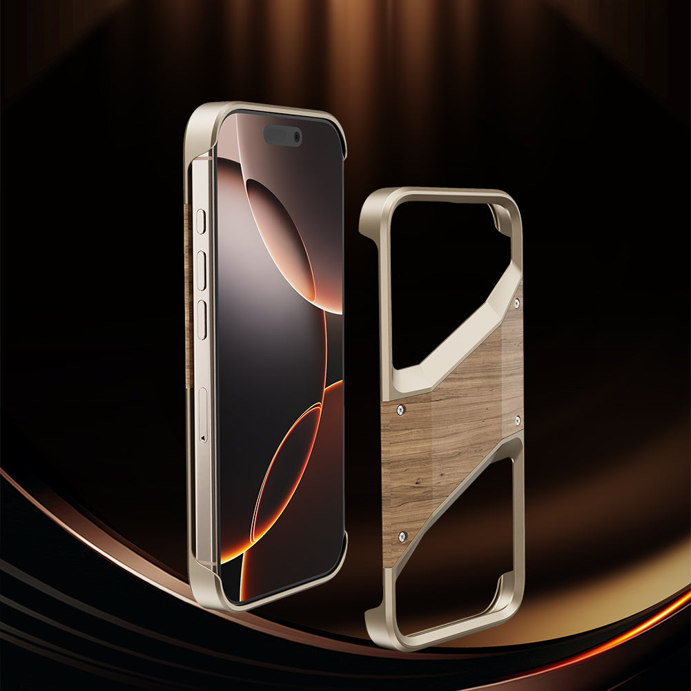 Irregular Metal Frame iPhone Case – Aluminum Alloy and Solid Wood Shockproof Frameless Cover for iPhone Models, Durable and Unique Design