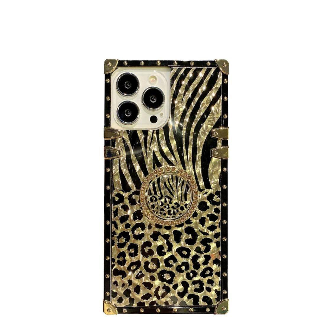 Luxury Leopard Gold Plating Phone Case Glitter Diamond Ring Stand for iPhone Models Stylish Design Durable & Functional Funda