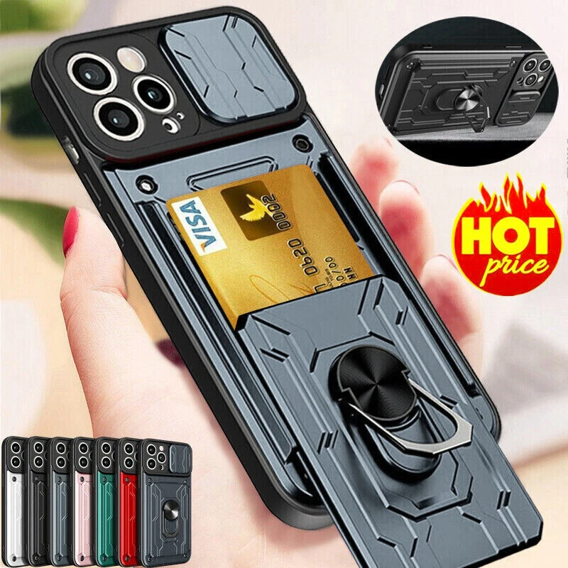 Military Grade Magnetic Case – Slide Camera Cover, Card Slot, 360° Ring Stand for iPhone Models