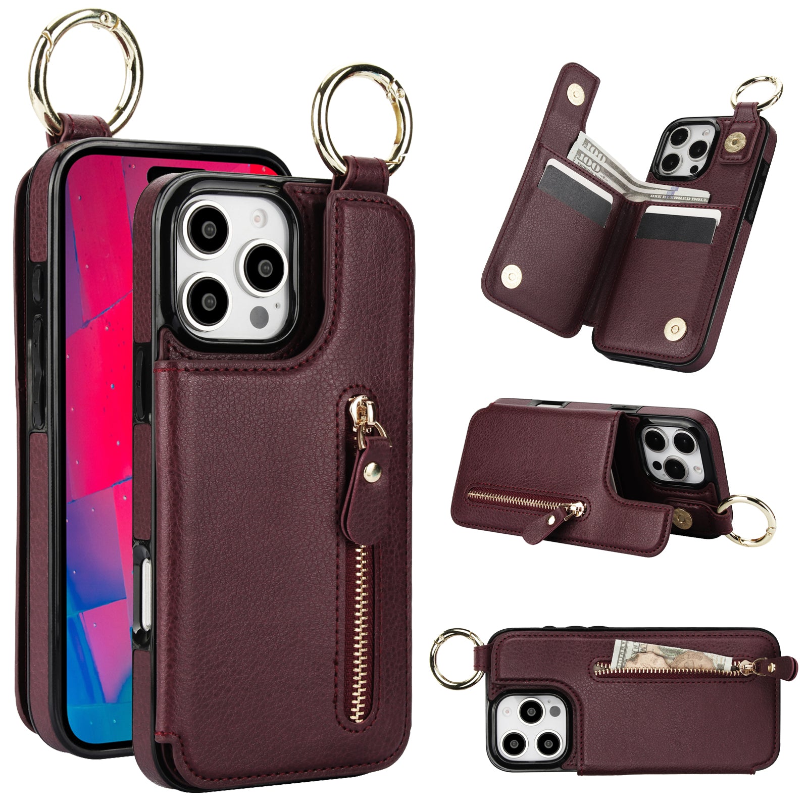 Luxury Zipper Wallet Leather Phone Case – Card Holder, Ring Stand, Shockproof Protection, and Crossbody Design for Secure & Stylish Convenience