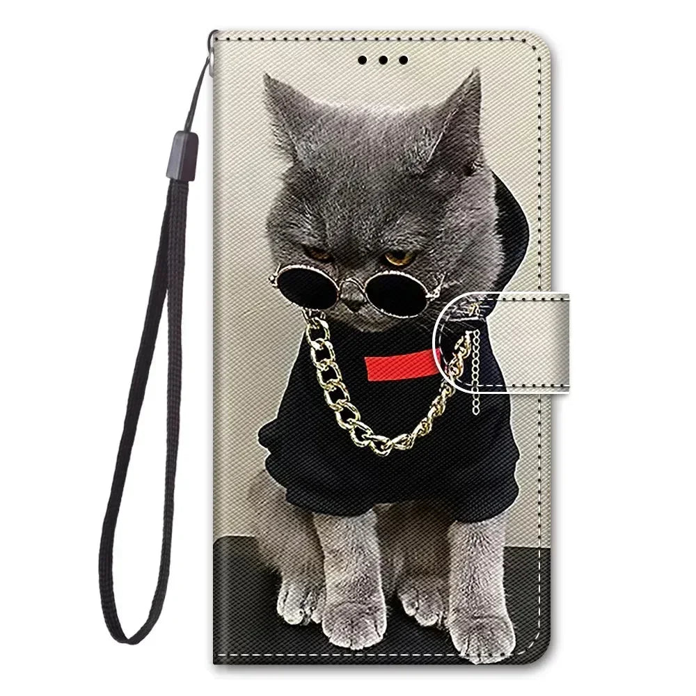 Kids Wallet Flip Case for iPhone – Etui Card Holder, Flower & Cat Painted Pattern, Leather Phone Cover with Magnetic Closure