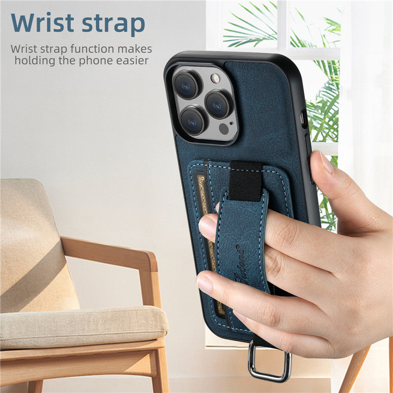 Luxury Leather Card Holder iPhone Case – Wrist Ring, Wallet Design, Shockproof Protection, Premium PU Leather, Magnetic