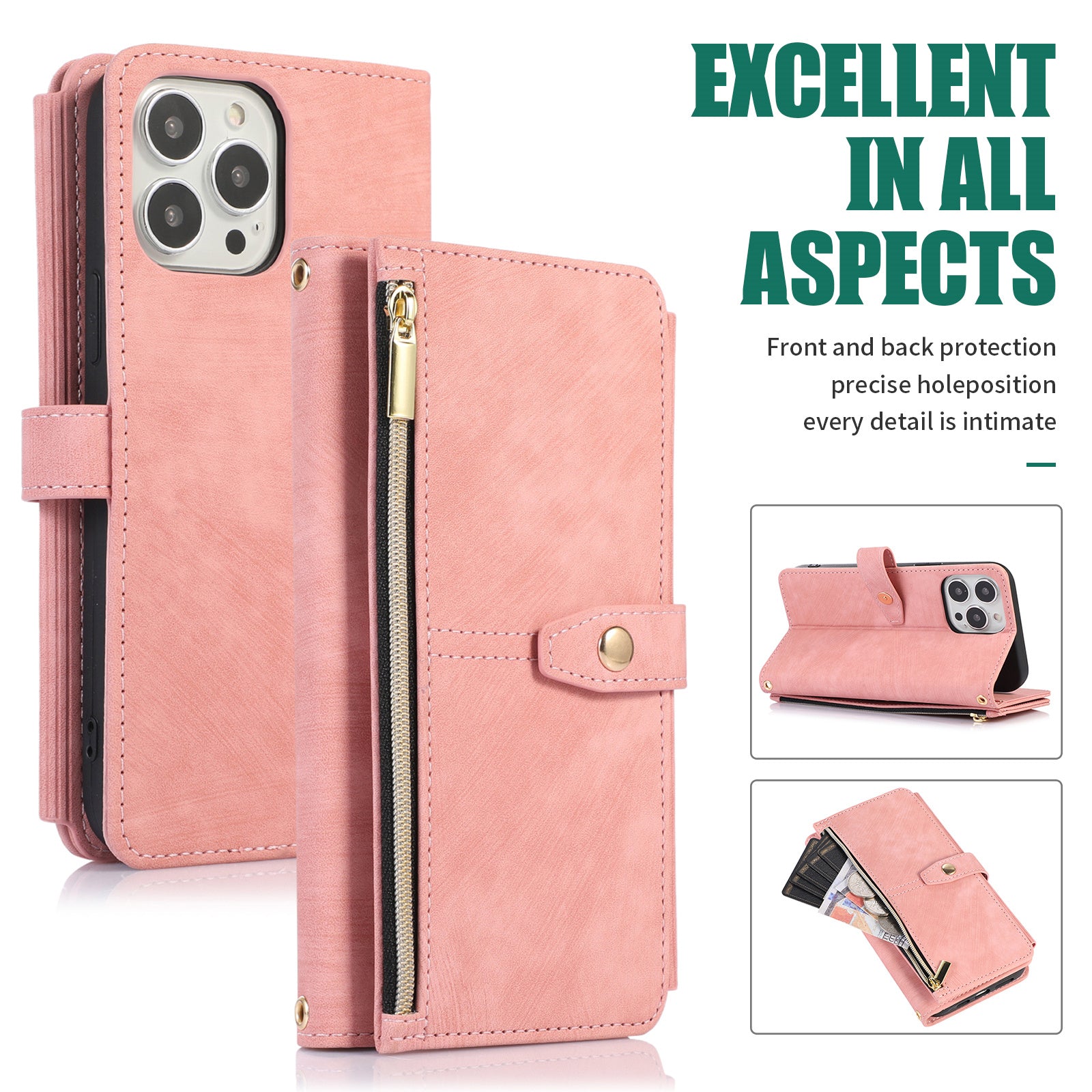 Luxury Crossbody Zipper Wallet Case – Leather Card Holder, Lanyard Strap, Magnetic Closure, Shockproof Flip Cover, Hands-Free Convenience for iPhone