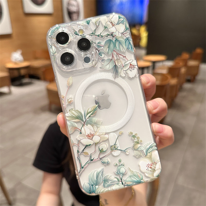 Transparent Floral MagSafe Case - Clear Shockproof Phone Cover with Magnetic Wireless Charging Compatibility Case for iPhone