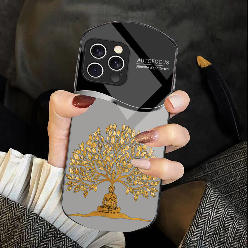 Golden Wealth Tree Phone Case – Elegant Tempered Glass for iPhone Models, Durable Protection, Stylish Elliptical Design