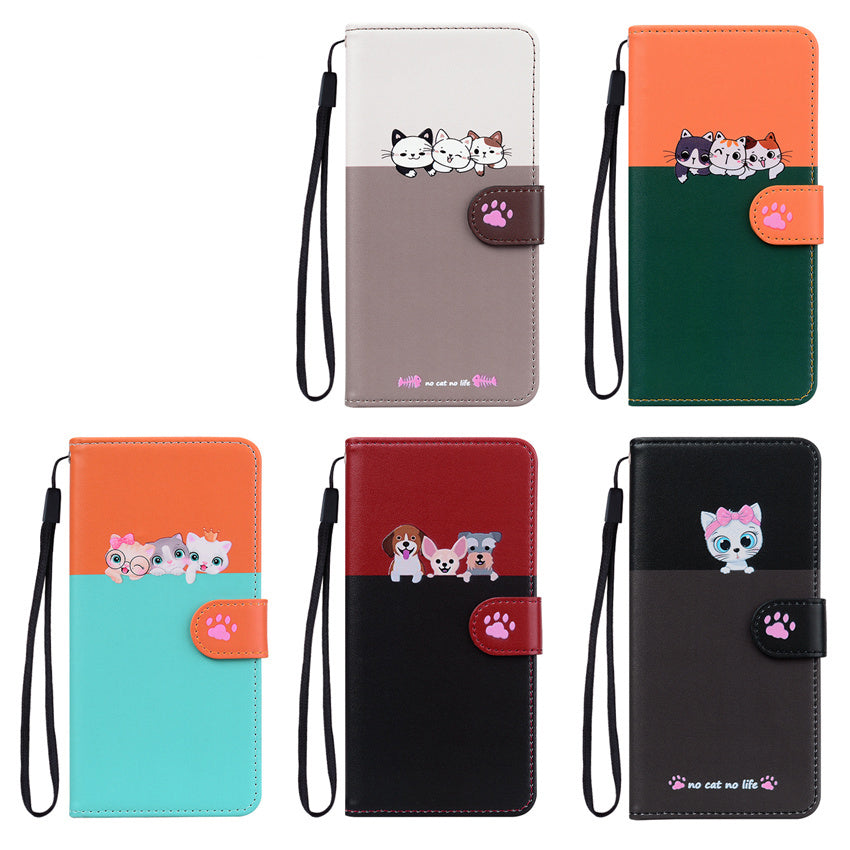 Cartoon Anime Flip Leather iPhone Case – Cute Pet Cat & Dog Print, Card Holder, Book-Style Wallet Cover, Magnetic Closure