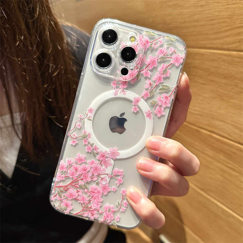 Transparent Floral MagSafe Case - Clear Shockproof Phone Cover with Magnetic Wireless Charging Compatibility Case for iPhone