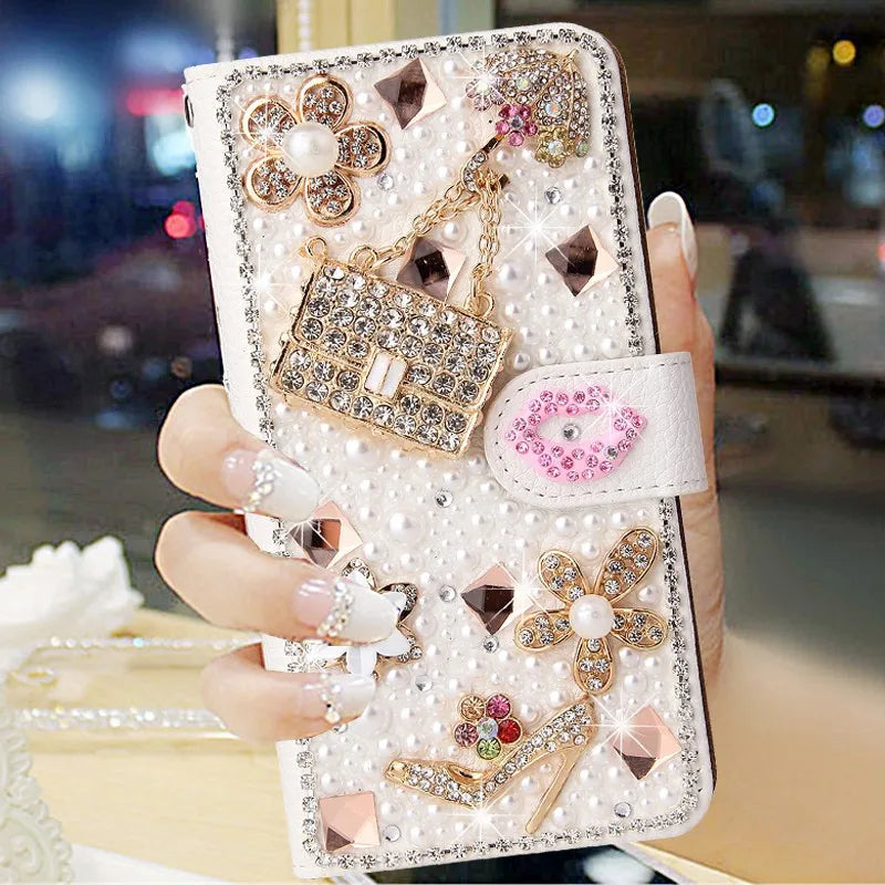 Luxury Bling Diamond Lipstick Wallet iPhone Case Flip Leather Cover with Card Slots, Rhinestone Design, Shockproof Protection