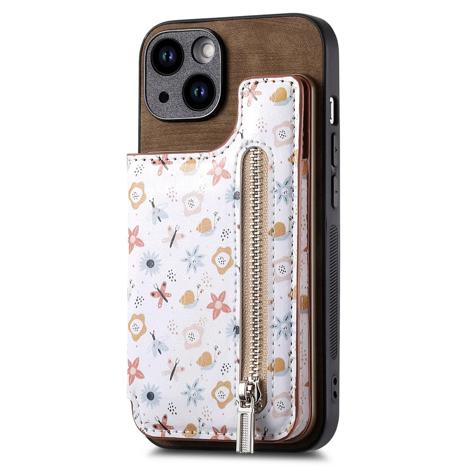 Zipper Card Slot Wallet Case – Magnetic Closure, Purse Pocket, Floral Design, Shockproof Protective Cover for iPhone